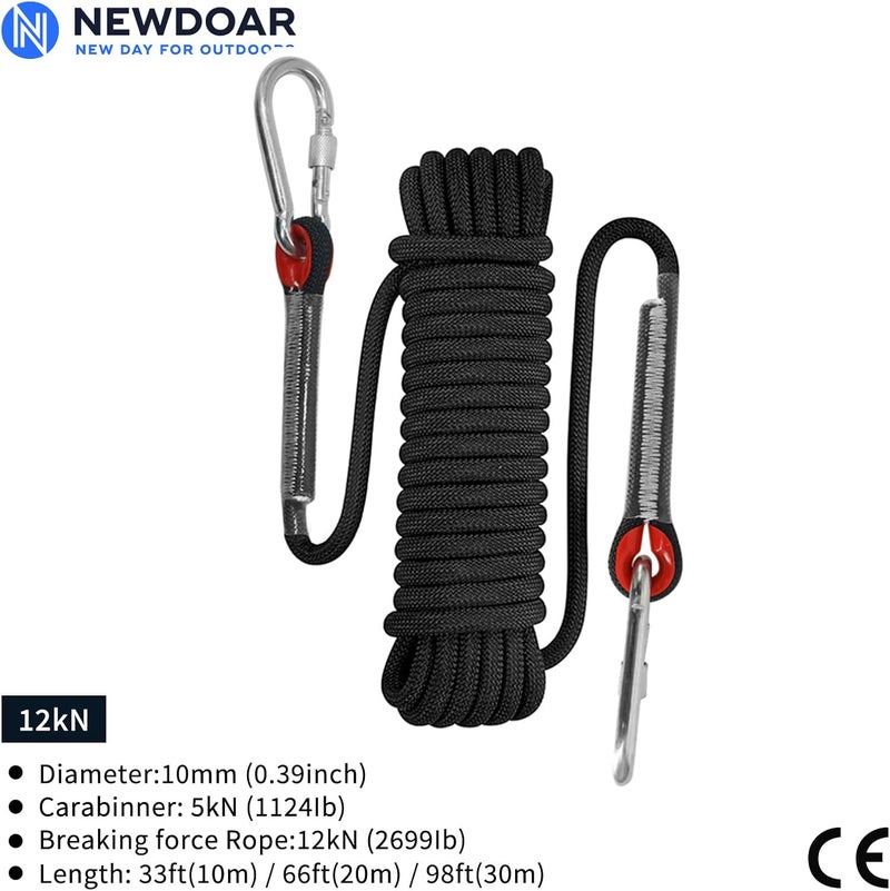 Newdoar حبل تسلق 8(5/16 بوصة)، 10 مم (3/8 بوصة)، حبل ملحقات عالي القوة مع 2 خطافات فولاذية، لحبل إنقاذ خارجي للتسلق على المنحدرات، معدات حزام الهروب (أسود) - Image 2